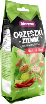 Zielona torebka Moreso Orzeszki Ziemne chilli & lime, z orzeszkami, czerwonym chilli i limonką, widok z przodu.