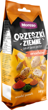 Opakowanie Moreso Orzeszki Ziemne Orientalne 140g, czarno-pomarańczowe, z rozsypanymi orzeszkami i kolorowymi przyprawami.