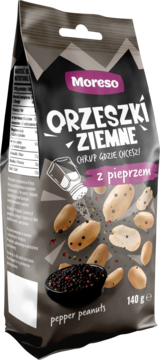 Moreso Orzeszki Ziemne z Pieprzem, ciemnoszara torba 140g, grafika orzeszków i rozsypanego pieprzu, widok z przodu.