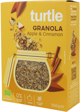 Żółty karton granoli Turtle Apple & Cinnamon 350g, z grafiką jabłek i cynamonu, widok z przodu.