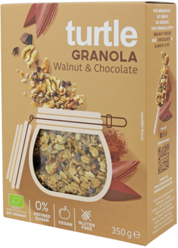 Brązowe opakowanie Turtle Granola Walnut & Chocolate, 350g, z przezroczystym okienkiem, wegańska, bez glutenu.