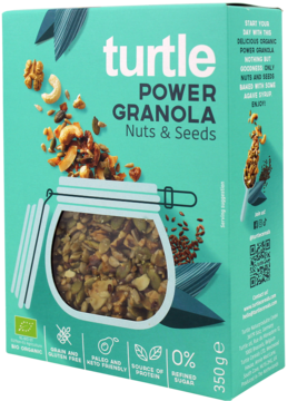 Granola Turtle Power Nuts & Seeds, turkusowe opakowanie z okienkiem, keto, bez glutenu i cukru, widok z przodu.