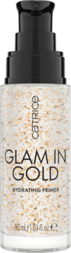 Baza nawilżająca pod makijaż Catrice Glam in Gold, szklana butelka z czarną pompką, złote płatki, widok z przodu.
