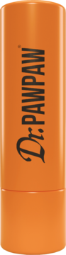 Pomarańczowy wegański balsam do ust Dr. PawPaw Mango w sztyfcie, z czarnym logo Dr.PAWPAW, pionowy widok z przodu.