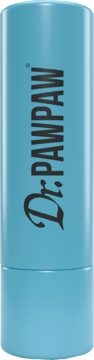 Jasnoniebieski wegański balsam do ust Dr.PawPaw Coconut w sztyfcie z czarnym logo, widok z przodu.