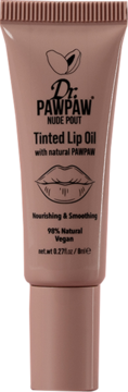 Dr. PawPaw Tinted Lip Oil Nude Pout w beżowej tubce z pawpaw i ustami, widok z przodu. Pielęgnacyjny.