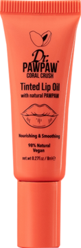 Koralowy olejek do ust Dr. PawPaw Coral Crush w tubce. Widok z przodu, napisy: Tinted Lip Oil, 98% Natural, Vegan.