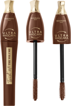 BOURJOIS Twist up the Volume Ultra Brown tusz do rzęs, brązowy, z aplikatorem. Widoczne zbliżenie na unikalną szczoteczkę.