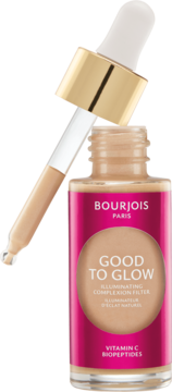 Bourjois Good to Glow iluminator nr 02, butelka z różową etykietą i otwartym zakraplaczem, zbliżenie.