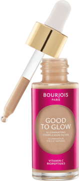 Bourjois Good to Glow multifunkcyjny rozświetlacz w szklanej butelce z różową etykietą i złotym zakraplaczem.