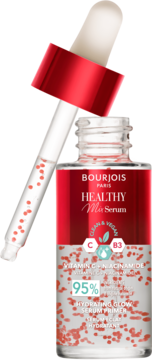 Bourjois Healthy Mix Serum Primer w szklanej butelce z czerwonymi perełkami, rozświetlająca baza z aplikatorem.