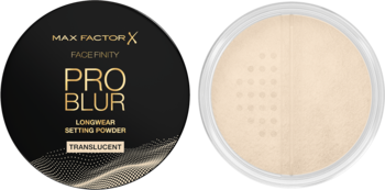 Max Factor Pro Blur translucent setting powder. Left: closed black compact. Right: open container with powder & sifter.