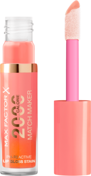 Max Factor X PH-reactive błyszczyk Match Maker w transparentnej tubce, pomarańczowo-różowy, z wyjętym aplikatorem.