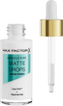 Max Factor Miracle Pure Matte Drops Serum Primer z Niacynamidem, biała butelka, odkręcony zakraplacz, widok z przodu.