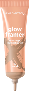 Max Factor X Glow Framer: brązująco-rozświetlający tint w brzoskwiniowej tubce z beżowym X, odcień 10 Sand.
