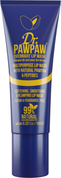Dr. PAWPAW Overnight Lip Mask, ciemnoniebieska tubka, widok z przodu, żółte napisy, 99% naturalna, wygładzająca i nawilżająca.
