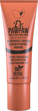 Dr. PawPaw Tinted True Coral Balm w pomarańczowej tubce, widok z przodu, do ust i policzków, 98% naturalny.