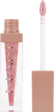 NAM Latex Lipgloss jasnoróżowy, otwarty, z lustrzanym połyskiem, wyciągnięty aplikator, widok z przodu.