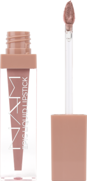 NAM Epic Liquid Lipstick Cool Crush, pomadka w płynie w odcieniu nude, otwarta z wyjętym aplikatorem.