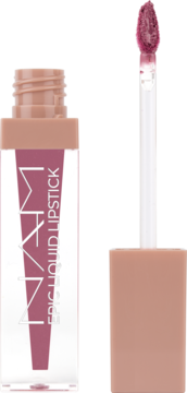 Otwarta płynna pomadka NAM Epic Liquid Lipstick Mauve Petal. Aplikator obok tubki z napisem, kolor pudrowego różu.