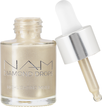 NAM Diamond Drops Mixer Icy Champagne, płynny rozświetlacz w szklanej butelce z zakraplaczem, widok z przodu, lekko pod kątem.