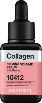 Serum ujędrniające Mediheal Collagen Firming Volume z retinolem, czarna butelka z pipetą, widok z przodu.
