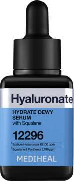Mediheal Hyaluronate Hydrate Dewy Serum w czarnej butelce z niebieską etykietą, widok z przodu, zakraplacz.