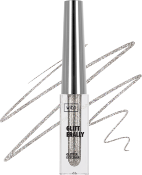 Srebrny eyeliner brokatowy Wibo Glitterally w przezroczystej tubce, widok z przodu z brokatową kreską.