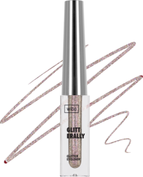 Eyeliner Wibo Glitterally brokatowy, różowo-złoty, w przezroczystej buteleczce, z obrysem testowym brokatu.