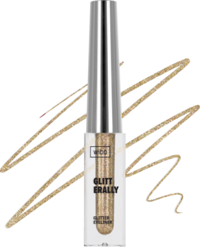 Złoty eyeliner brokatowy Wibo Glitterally w przezroczystej tubce, widok z przodu, na tle złotych smug.