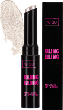 Rozświetlacz Wibo Bling Bling w sztyfcie, perłowy, żelowy, dający mokry blask. Obok pudełko i swatch na jasnym tle.