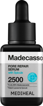 Mediheal Madecassoside Pore Repair Serum, czarna butelka z dropperem, szara etykieta "PORE REPAIR SERUM", widok z przodu.
