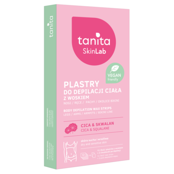 Wegańskie plastry do depilacji Tanita Skinlab Cica & Skwalan do skóry wrażliwej, różowe opakowanie, kąt.
