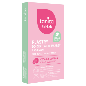 Różowe opakowanie plastrów Tanita SkinLab do depilacji twarzy CICA & Squalane, z zielonym bokiem, lekko pod kątem.