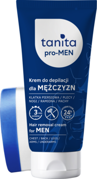 Krem do depilacji Tanita pro-MEN dla mężczyzn w niebieskiej tubie z białym logo i napisem, widok z przodu pod kątem.