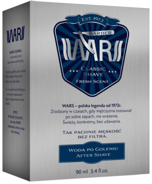 Srebrne pudełko wody po goleniu Wars Classic Shave Fresh Scent, z boku, z niebieskim, męskim logo.