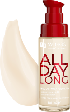 Matujący podkład AA Wings of Color All Day Long 501 Ivory z czerwoną pompką, widoczna duża próbka produktu.