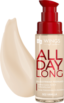 Matujący podkład AA Wings of Color All Day Long 502 Vanilla, butelka z czerwoną pompką i beżowy swatch.