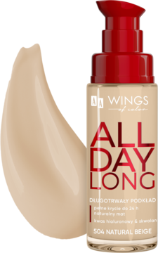 Długotrwały podkład AA All Day Long 504 Natural Beige w butelce z pompką, obok beżowy, kremowy swatch.