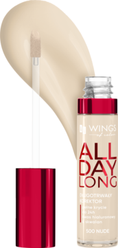 AA Wings of Color All Day Long kryjący korektor w płynie, odcień 500 Nude, z aplikatorem i dużą kroplą produktu.