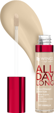 AA Wings of Color All Day Long, 501 Vanilla. Beżowy korektor w szklanej butelce z aplikatorem i widoczną próbką.
