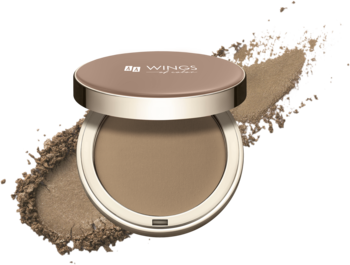 Otwarty matowy bronzer AA Wings of Color Natural Bronze w beżowym kompakcie, z rozsypanym pudrem.