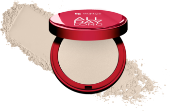 Otwarty, czerwony prasowany puder AA Wings of Color All Day Long, Light Natural, matujące wykończenie, sypki puder.