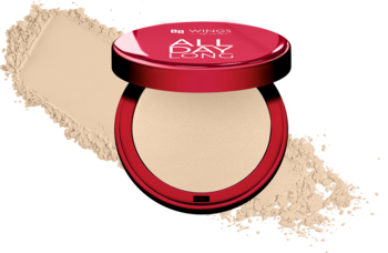 Widok z góry: otwarty prasowany puder AA Wings of Color All Day Long w czerwonym opakowaniu, odcień Natural Medium, na tle pudru.