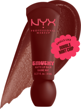 Ciemnoczerwony NYX Smushy Matte Lip Balm o zapachu Double Mint Chip, z matowym wykończeniem, ze swatch'em.