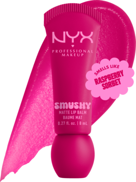 NYX Smushy Matte Lip Balm w tubce w kolorze fuksji, z tekstem "SMELLS LIKE RASPBERRY SORBET", na różowym tle.