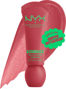 NYX Smushy Matte Lip Balm, koralowy, z napisem 'WHIPPED BUTTERCREAM', na tle matowej próbki koloru.