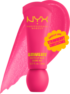 Różowy balsam NYX Smushy Matte Lip Balm, zapach truskawkowy, z przodu, na jaskrawej różowej smudze koloru.