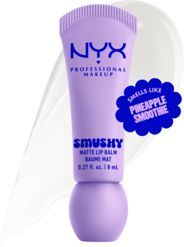 NYX Smushy Matte Lip Balm w lawendowej tubce z okrągłą nakrętką, z etykietą "Pineapple Smoothie". Widok z przodu.