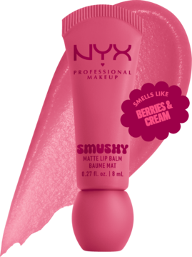 Różowy matowy balsam do ust NYX Smushy, tuba ze swatch'em, pachnie jagodami i śmietanką.